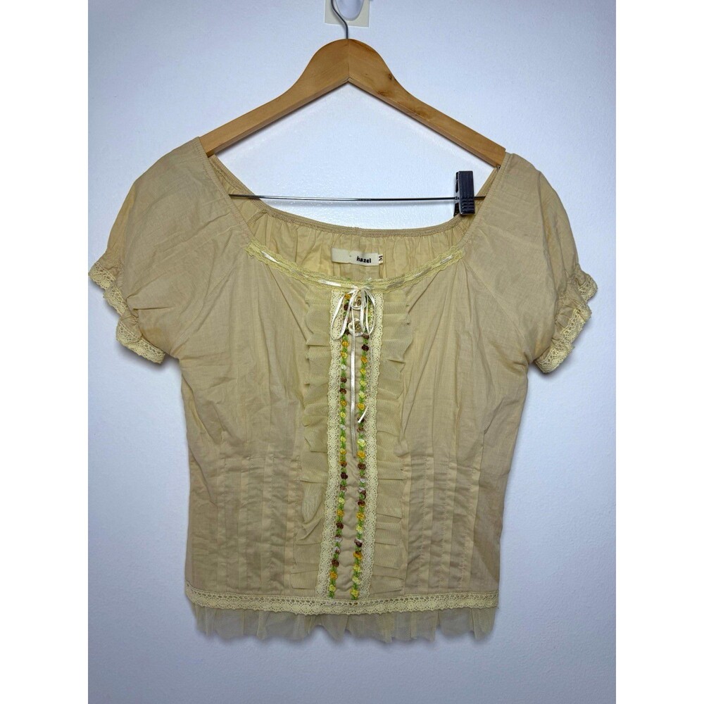 Hazel Beige Cotton Woven Lace Trim Tie-Front Scoop Neck Short Sleeve Blouse M